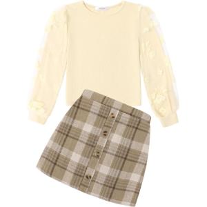 Arshiner Girl’s Skirt Sets Casual Fall Outfits Corduroy Skirt and Long Sleeve Rib Knit Shirt Tops Trendy 2 Piece Clothes(Beige&plaid Brown)