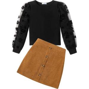 Arshiner Girl’s Skirt Sets Casual Fall Outfits Corduroy Skirt and Long Sleeve Rib Knit Shirt Tops Trendy 2 Piece Clothes(Black&corduroy Brown)