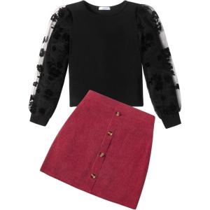 Arshiner Girl’s Skirt Sets Casual Fall Outfits Corduroy Skirt and Long Sleeve Rib Knit Shirt Tops Trendy 2 Piece Clothes(Black&corduroy Red)