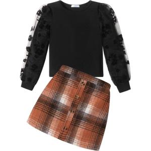 Arshiner Girl’s Skirt Sets Casual Fall Outfits Corduroy Skirt and Long Sleeve Rib Knit Shirt Tops Trendy 2 Piece Clothes(Black&orange)