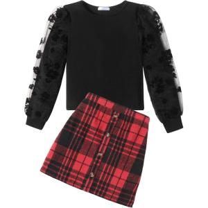 Arshiner Girl’s Skirt Sets Casual Fall Outfits Corduroy Skirt and Long Sleeve Rib Knit Shirt Tops Trendy 2 Piece Clothes(Black&red Black)