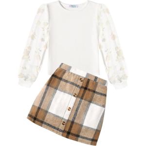 Arshiner Girl’s Skirt Sets Casual Fall Outfits Corduroy Skirt and Long Sleeve Rib Knit Shirt Tops Trendy 2 Piece Clothes(Brown&beige)