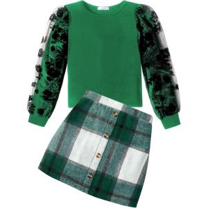 Arshiner Girl’s Skirt Sets Casual Fall Outfits Corduroy Skirt and Long Sleeve Rib Knit Shirt Tops Trendy 2 Piece Clothes(Green Plaid)