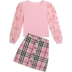 Arshiner Girl’s Skirt Sets Casual Fall Outfits Corduroy Skirt and Long Sleeve Rib Knit Shirt Tops Trendy 2 Piece Clothes(Pink&pink Black)