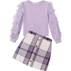 Arshiner Girl’s Skirt Sets Casual Fall Outfits Corduroy Skirt and Long Sleeve Rib Knit Shirt Tops Trendy 2 Piece Clothes(Purple Plaid)