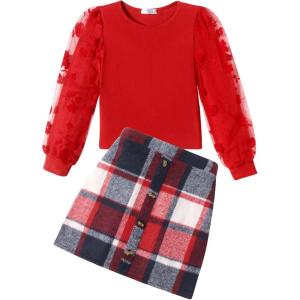 Arshiner Girl’s Skirt Sets Casual Fall Outfits Corduroy Skirt and Long Sleeve Rib Knit Shirt Tops Trendy 2 Piece Clothes(Red&black)