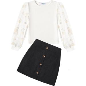 Arshiner Girl’s Skirt Sets Casual Fall Outfits Corduroy Skirt and Long Sleeve Rib Knit Shirt Tops Trendy 2 Piece Clothes(White&black)