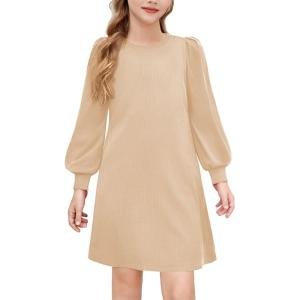 Arshiner Girls Sweater Dress Fall Winter Knit Puff Long Sleeve Pullover Casual Dresses with Pockets(Beige)