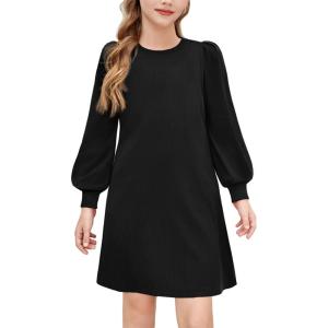 Arshiner Girls Sweater Dress Fall Winter Knit Puff Long Sleeve Pullover Casual Dresses with Pockets(Black)