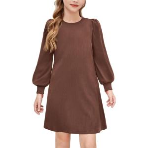 Arshiner Girls Sweater Dress Fall Winter Knit Puff Long Sleeve Pullover Casual Dresses with Pockets(Coffe)