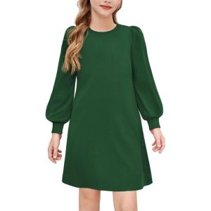 Arshiner Girls Sweater Dress Fall Winter Knit Puff Long Sleeve Pullover Casual Dresses with Pockets(Green)