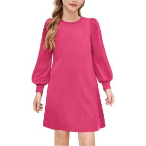 Arshiner Girls Sweater Dress Fall Winter Knit Puff Long Sleeve Pullover Casual Dresses with Pockets(Hot Pink)