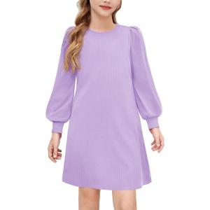 Arshiner Girls Sweater Dress Fall Winter Knit Puff Long Sleeve Pullover Casual Dresses with Pockets(Lavender)