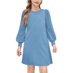 Arshiner Girls Sweater Dress Fall Winter Knit Puff Long Sleeve Pullover Casual Dresses with Pockets(Light Blue)