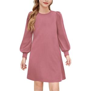 Arshiner Girls Sweater Dress Fall Winter Knit Puff Long Sleeve Pullover Casual Dresses with Pockets(Pink)