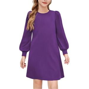 Arshiner Girls Sweater Dress Fall Winter Knit Puff Long Sleeve Pullover Casual Dresses with Pockets(Purple)