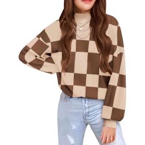 Arshiner Girls Sweater Mock Neck Pullover Casual Latern Sleeve Knit Jumper Tops(Plaid Pattern)