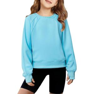 Arshiner Girls Sweatshirt Crop Tops for Teens Cropped Crewneck Pullover Ribbed Long Sleeve Shirts Thumb Hole(Aqua Blue)