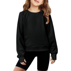 Arshiner Girls Sweatshirt Crop Tops for Teens Cropped Crewneck Pullover Ribbed Long Sleeve Shirts Thumb Hole(Black)