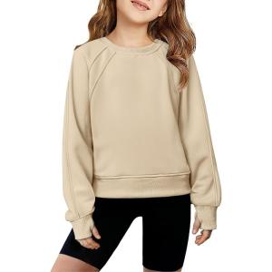 Arshiner Girls Sweatshirt Crop Tops for Teens Cropped Crewneck Pullover Ribbed Long Sleeve Shirts Thumb Hole(Khaki)