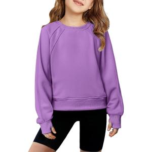 Arshiner Girls Sweatshirt Crop Tops for Teens Cropped Crewneck Pullover Ribbed Long Sleeve Shirts Thumb Hole(Lavender)