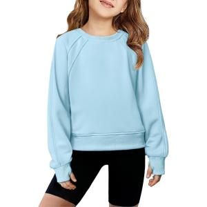 Arshiner Girls Sweatshirt Crop Tops for Teens Cropped Crewneck Pullover Ribbed Long Sleeve Shirts Thumb Hole(Light Blue)