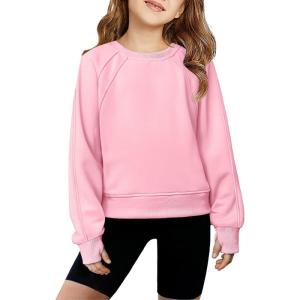 Arshiner Girls Sweatshirt Crop Tops for Teens Cropped Crewneck Pullover Ribbed Long Sleeve Shirts Thumb Hole(Light Pink)