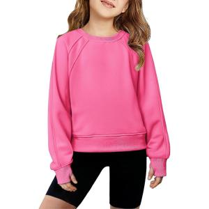 Arshiner Girls Sweatshirt Crop Tops for Teens Cropped Crewneck Pullover Ribbed Long Sleeve Shirts Thumb Hole(Pink)