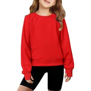 Arshiner Girls Sweatshirt Crop Tops for Teens Cropped Crewneck Pullover Ribbed Long Sleeve Shirts Thumb Hole(Red)