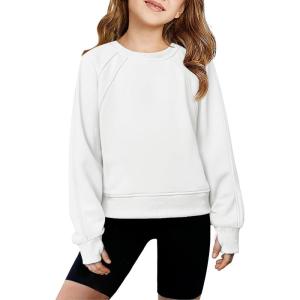 Arshiner Girls Sweatshirt Crop Tops for Teens Cropped Crewneck Pullover Ribbed Long Sleeve Shirts Thumb Hole(White)