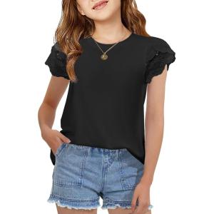 Arshiner Girls T Shirts Lace Petal Short Sleeves Kids Crewneck Casual Blouse Summer Tops Tees(Black)