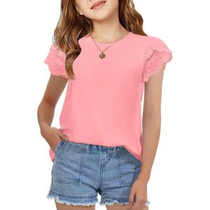 Arshiner Girls T Shirts Lace Petal Short Sleeves Kids Crewneck Casual Blouse Summer Tops Tees(Coral)