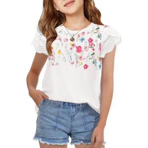 Arshiner Girls T Shirts Lace Petal Short Sleeves Kids Crewneck Casual Blouse Summer Tops Tees(Flowers)