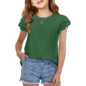 Arshiner Girls T Shirts Lace Petal Short Sleeves Kids Crewneck Casual Blouse Summer Tops Tees(Green)