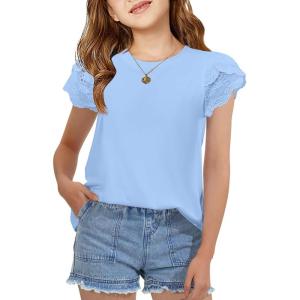 Arshiner Girls T Shirts Lace Petal Short Sleeves Kids Crewneck Casual Blouse Summer Tops Tees(Light Blue)