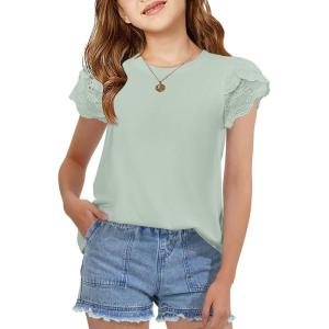 Arshiner Girls T Shirts Lace Petal Short Sleeves Kids Crewneck Casual Blouse Summer Tops Tees(Light Green)