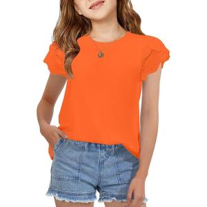 Arshiner Girls T Shirts Lace Petal Short Sleeves Kids Crewneck Casual Blouse Summer Tops Tees(Orange)