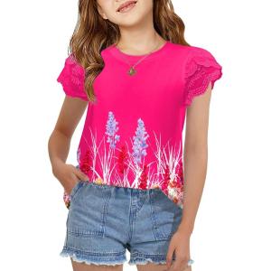 Arshiner Girls T Shirts Lace Petal Short Sleeves Kids Crewneck Casual Blouse Summer Tops Tees(Plants/Flowers)