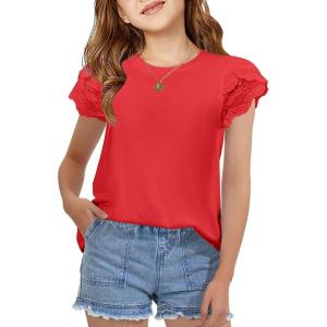 Arshiner Girls T Shirts Lace Petal Short Sleeves Kids Crewneck Casual Blouse Summer Tops Tees(Red)