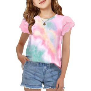 Arshiner Girls T Shirts Lace Petal Short Sleeves Kids Crewneck Casual Blouse Summer Tops Tees(Tie Dye)