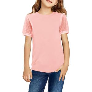 Arshiner Girls T Shirts Puff Short Sleeves with Polka Swiss Dots Tops for Kids Casual Summer Blouse Tunic Tee Tops(Coral Pink)