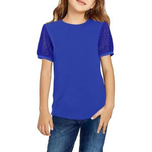 Arshiner Girls T Shirts Puff Short Sleeves with Polka Swiss Dots Tops for Kids Casual Summer Blouse Tunic Tee Tops(Deep Blue)
