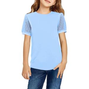 Arshiner Girls T Shirts Puff Short Sleeves with Polka Swiss Dots Tops for Kids Casual Summer Blouse Tunic Tee Tops(Light Blue)