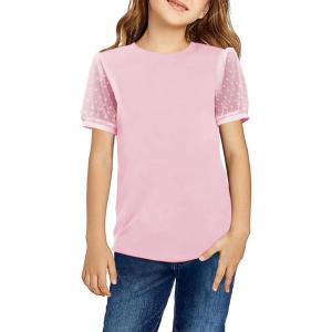 Arshiner Girls T Shirts Puff Short Sleeves with Polka Swiss Dots Tops for Kids Casual Summer Blouse Tunic Tee Tops(Pink)