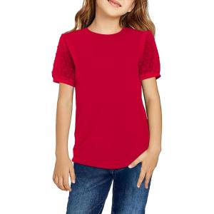 Arshiner Girls T Shirts Puff Short Sleeves with Polka Swiss Dots Tops for Kids Casual Summer Blouse Tunic Tee Tops(Red)