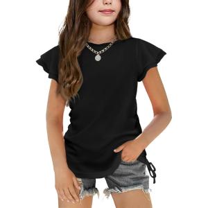 Arshiner Girls T Shirts Ruffle Short Sleeve Ruched Knot Side Tunic Blouse Summer Tee Tops(Black)