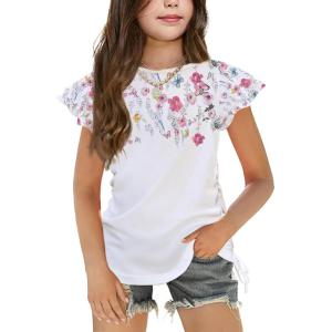 Arshiner Girls T Shirts Ruffle Short Sleeve Ruched Knot Side Tunic Blouse Summer Tee Tops(Flowers)