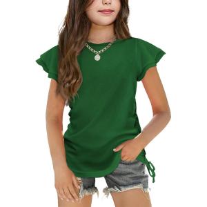 Arshiner Girls T Shirts Ruffle Short Sleeve Ruched Knot Side Tunic Blouse Summer Tee Tops(Forest Green)