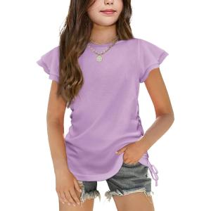 Arshiner Girls T Shirts Ruffle Short Sleeve Ruched Knot Side Tunic Blouse Summer Tee Tops(Purple)
