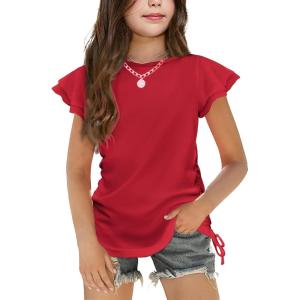 Arshiner Girls T Shirts Ruffle Short Sleeve Ruched Knot Side Tunic Blouse Summer Tee Tops(Red)